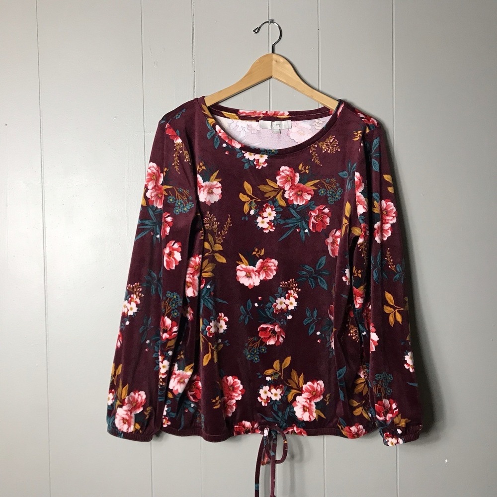 LOFT BURGANDY FLORAL VELOUR BLOUSE CINCHED DRAWSTRING HEM WOMENS SIZE LARGE